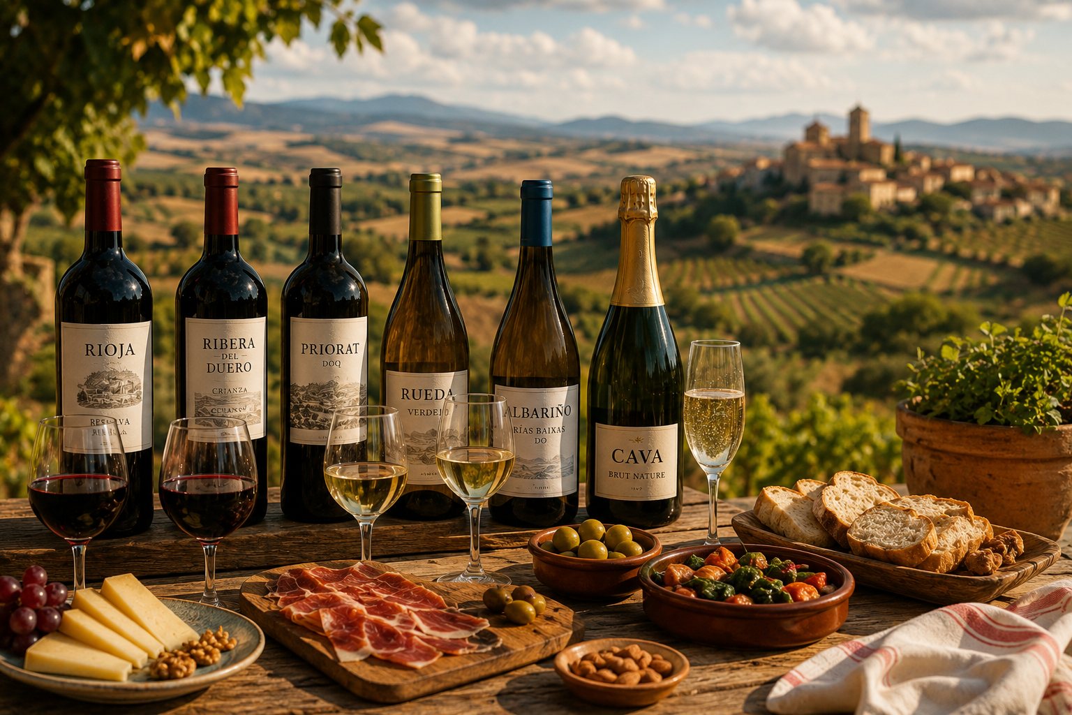 Mesa con vinos españoles blancos, rosados, tintos, espumosos y generosos