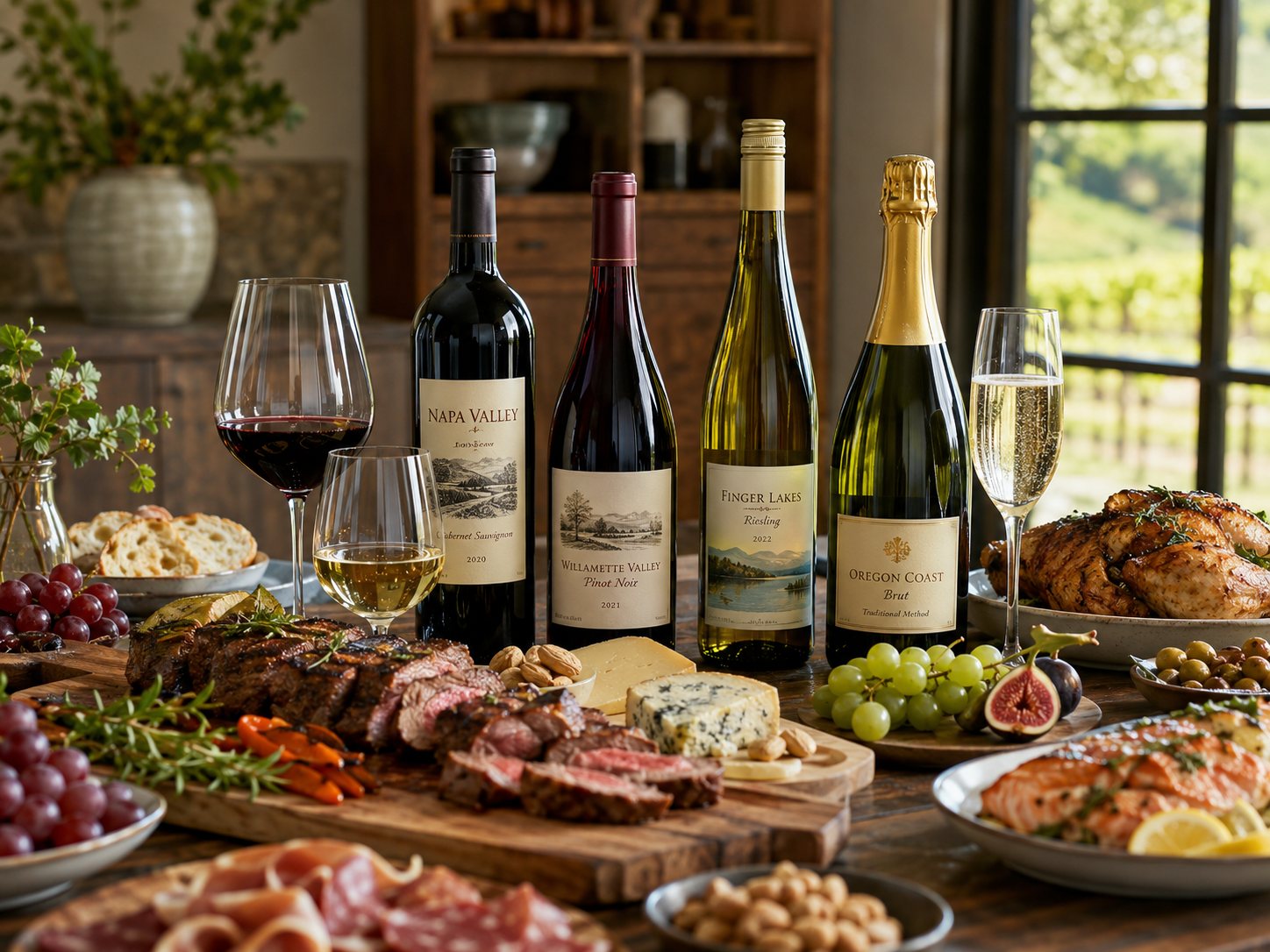 Mesa con Cabernet Sauvignon, Pinot Noir, Chardonnay, Riesling y platos de cocina estadounidense