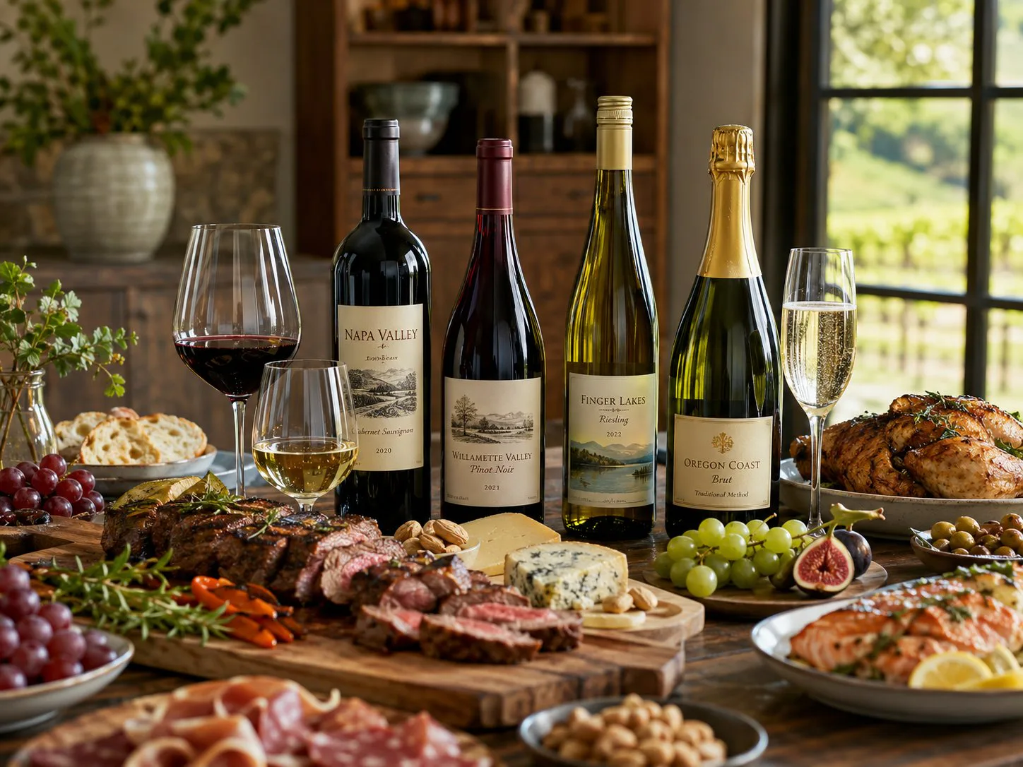 Mesa con Cabernet Sauvignon, Pinot Noir, Chardonnay, Riesling y platos de cocina estadounidense