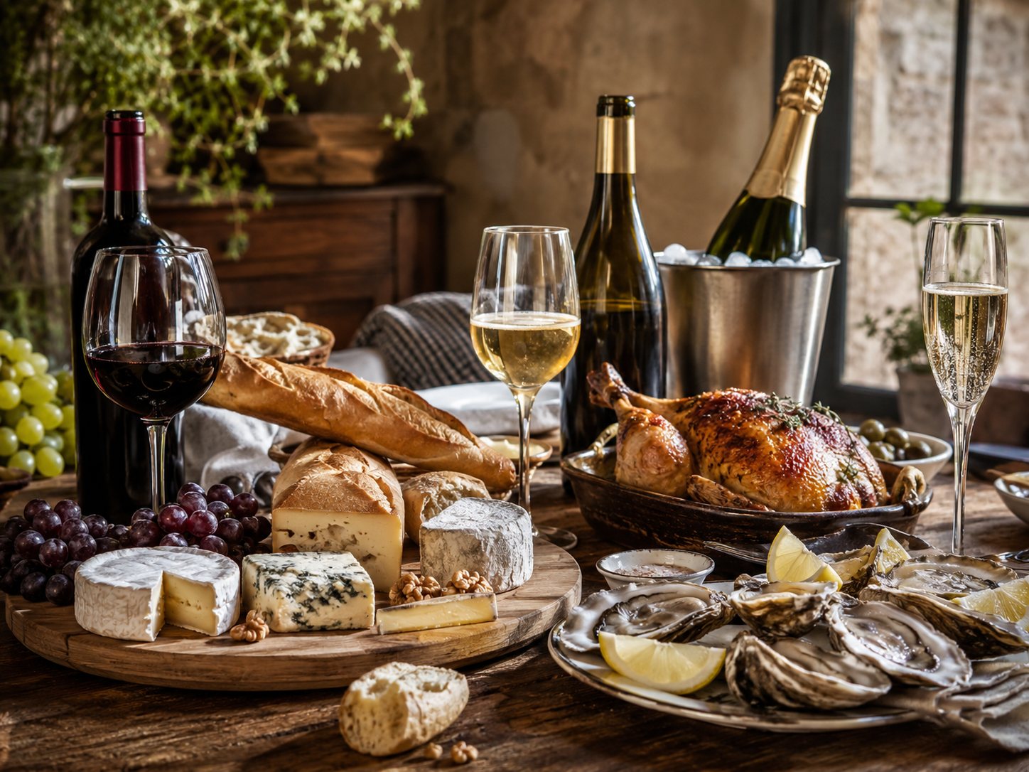 Mesa francesa con Champagne, blancos, tintos, quesos, pescado, aves, carnes y postres