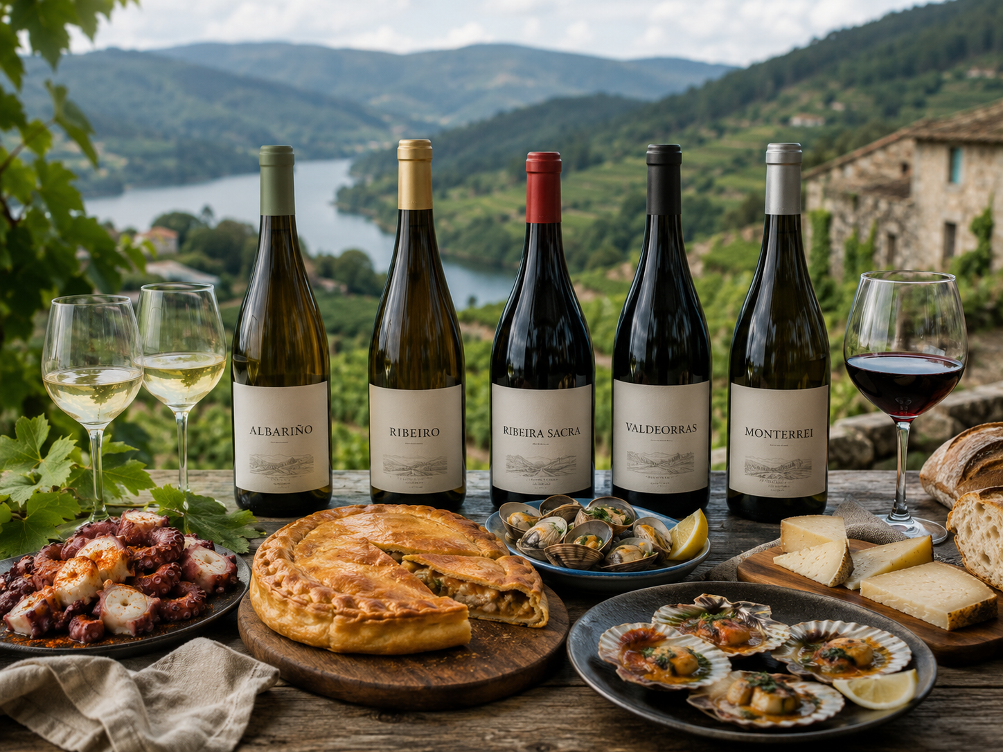 Mesa gallega con vinos blancos y tintos, marisco, pulpo, empanada y quesos