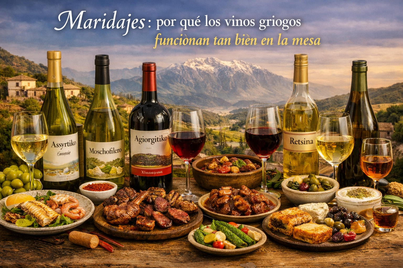 Mesa griega con Assyrtiko, Xinomavro, Agiorgitiko, pescado, cordero, verduras, queso y dulces