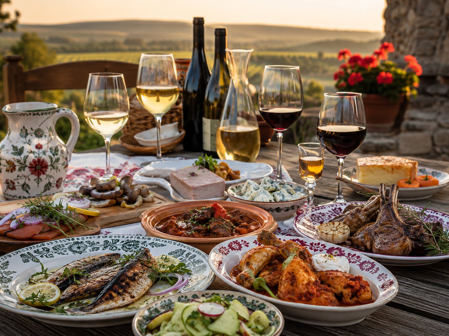Mesa con Furmint, Olaszrizling, Bikavér, Villányi Franc, Tokaji Aszú y platos centroeuropeos