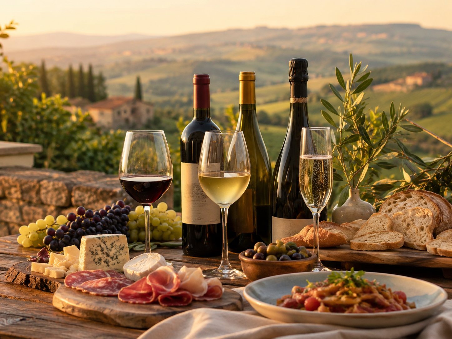 Mesa italiana con vinos tintos, blancos y espumosos junto a pasta, risotto, quesos, embutidos, pescado y carne