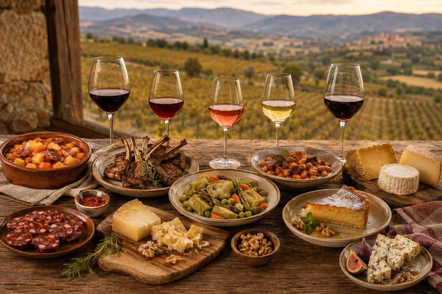 Mesa riojana con vinos tintos y blancos, patatas a la riojana, chuletillas, verduras, embutidos y quesos