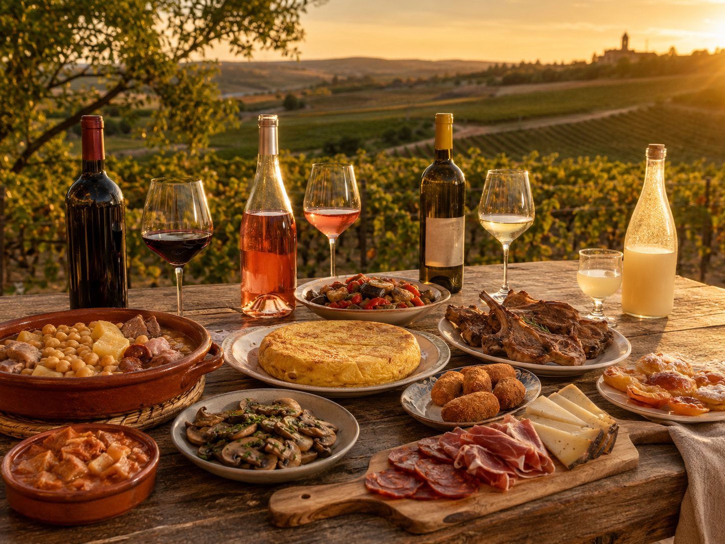 Mesa madrileña con vinos de Madrid, cocido, callos, asados, verduras, quesos y tapas