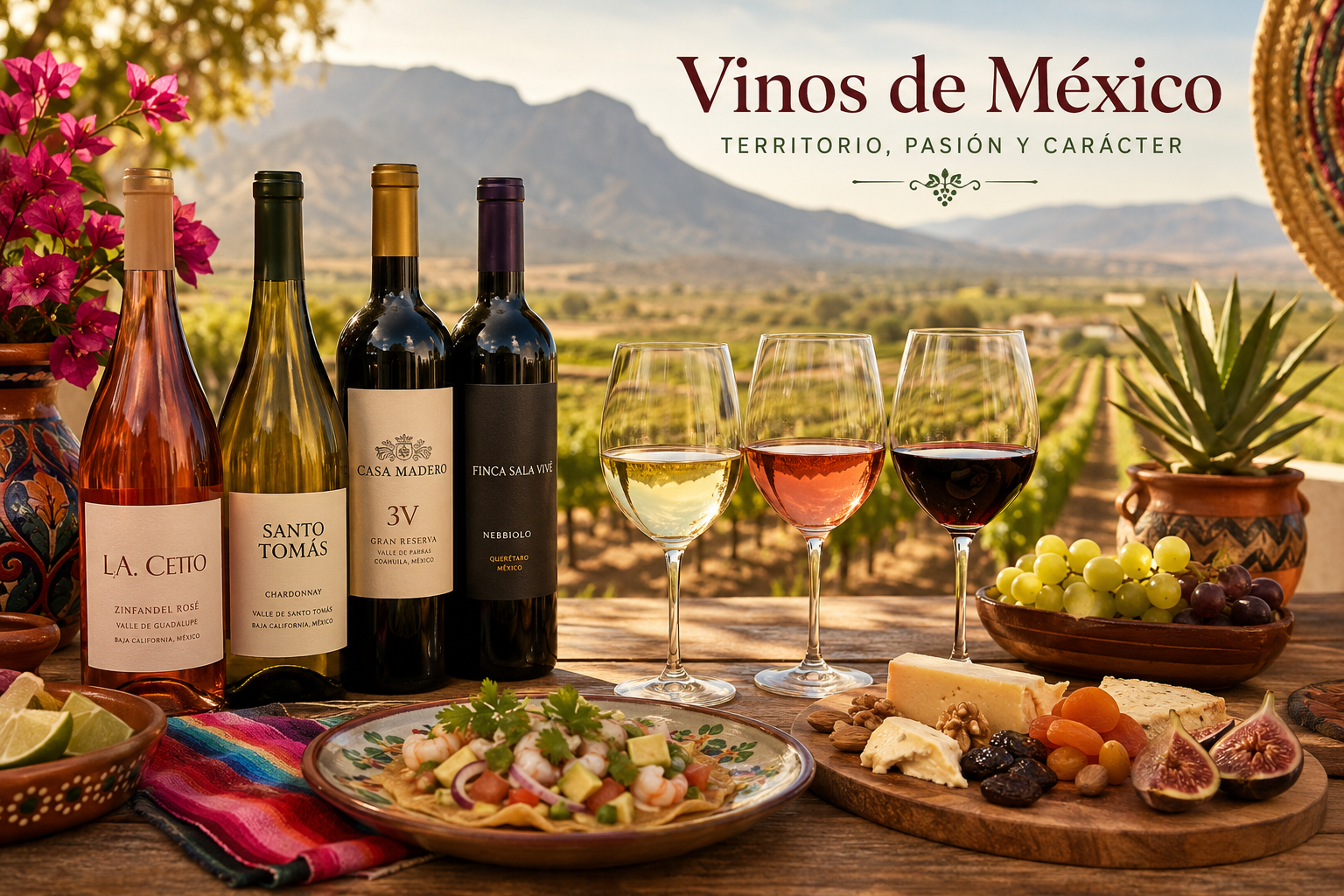 Mesa con vinos mexicanos, carne asada, marisco, quesos, tortillas y platos tradicionales