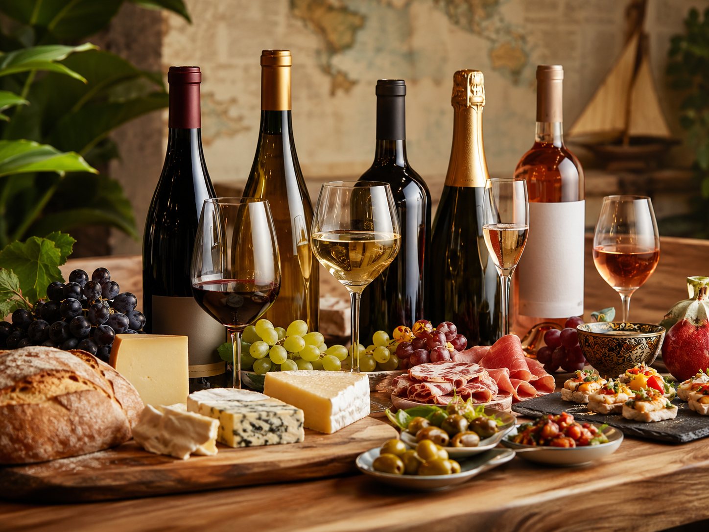 Mesa de cata con varios estilos de vino del mundo, copas, botellas y pequeños bocados para comparar regiones y perfiles