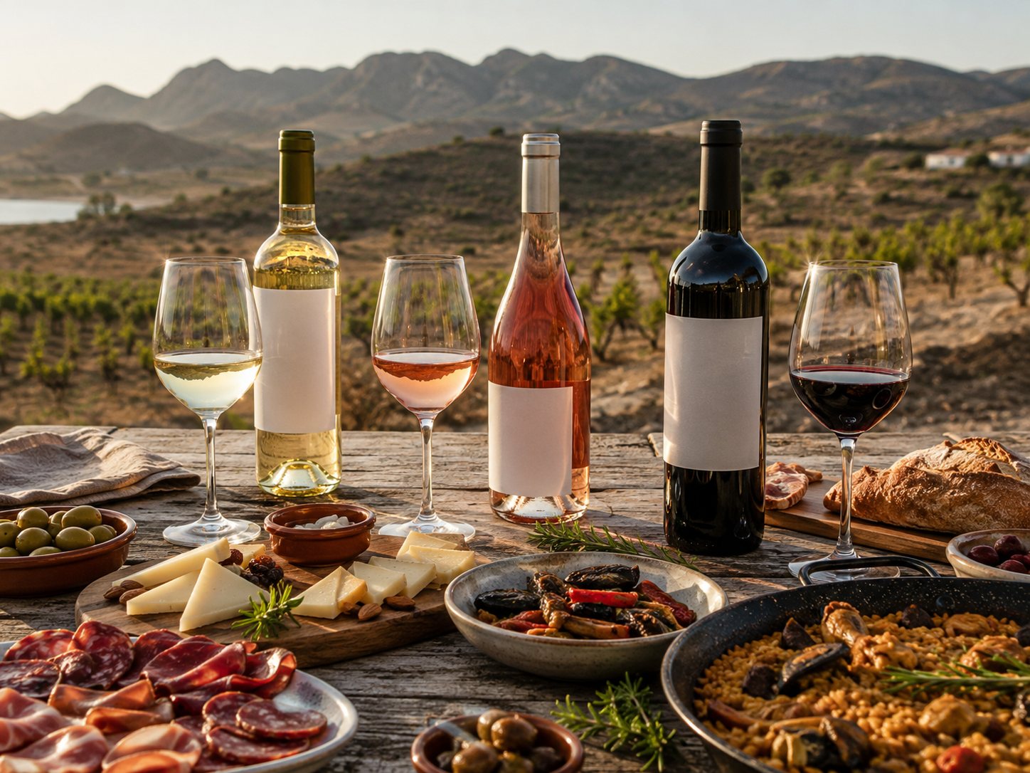 Mesa murciana con vinos de Monastrell, arroz, verduras, queso, embutidos y platos tradicionales