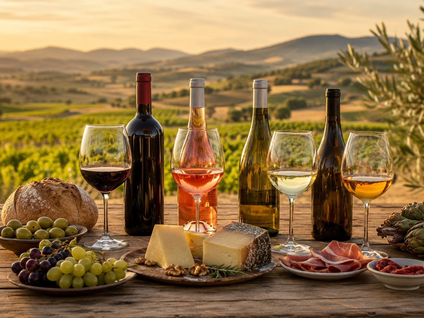 Mesa con vinos de Murcia, Navarra, Madrid y Extremadura, arroces, ibéricos, quesos, verduras y carnes