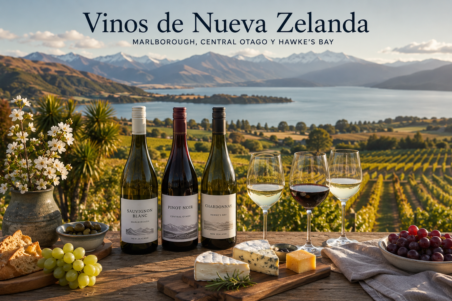 Mesa con vinos de Nueva Zelanda, marisco, pescado, cordero y quesos