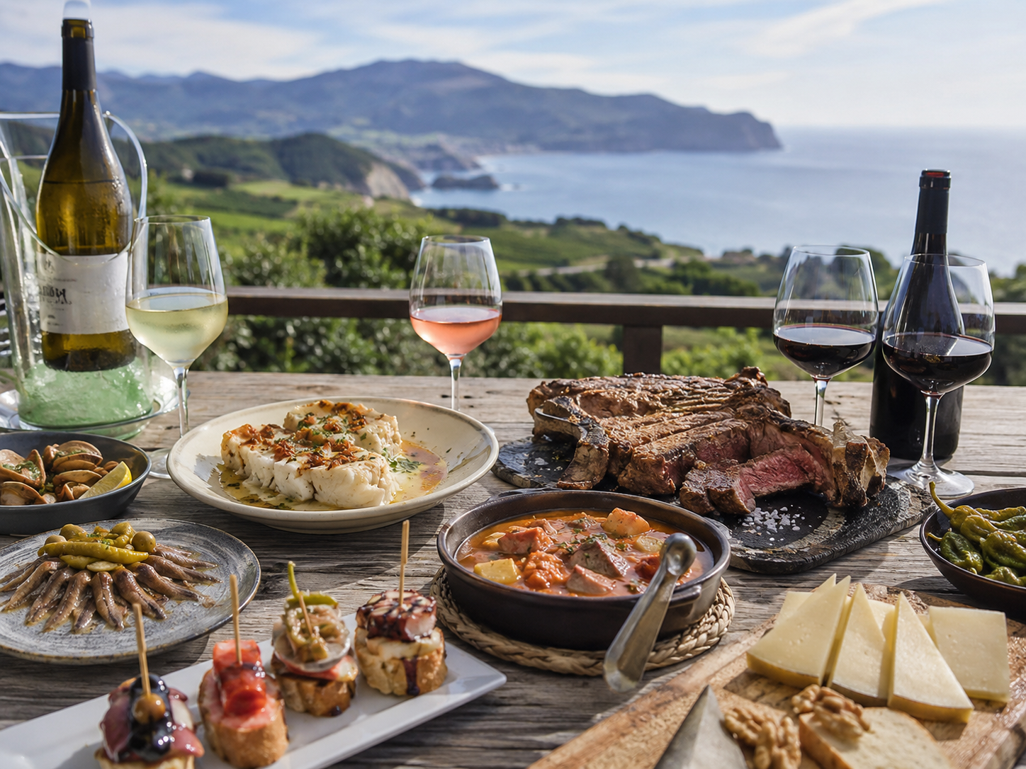 Mesa vasca con txakoli, Rioja Alavesa, pescado, marisco, pintxos, bacalao y quesos