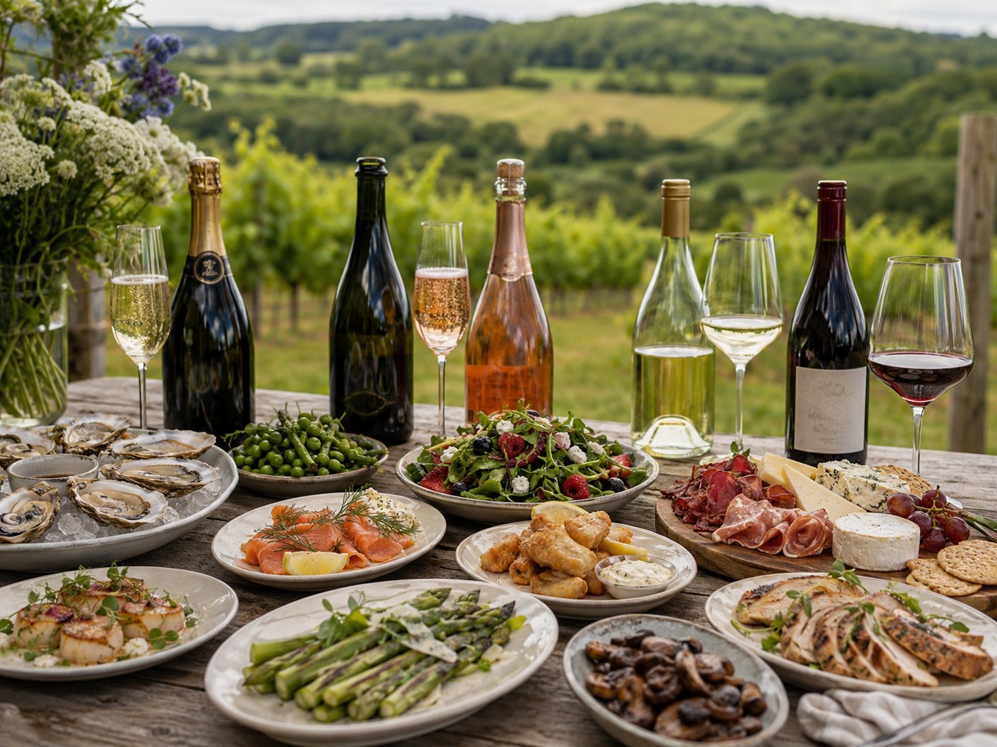 Mesa con espumoso inglés, Bacchus, Pinot Noir, pescado, marisco, quesos y cocina británica