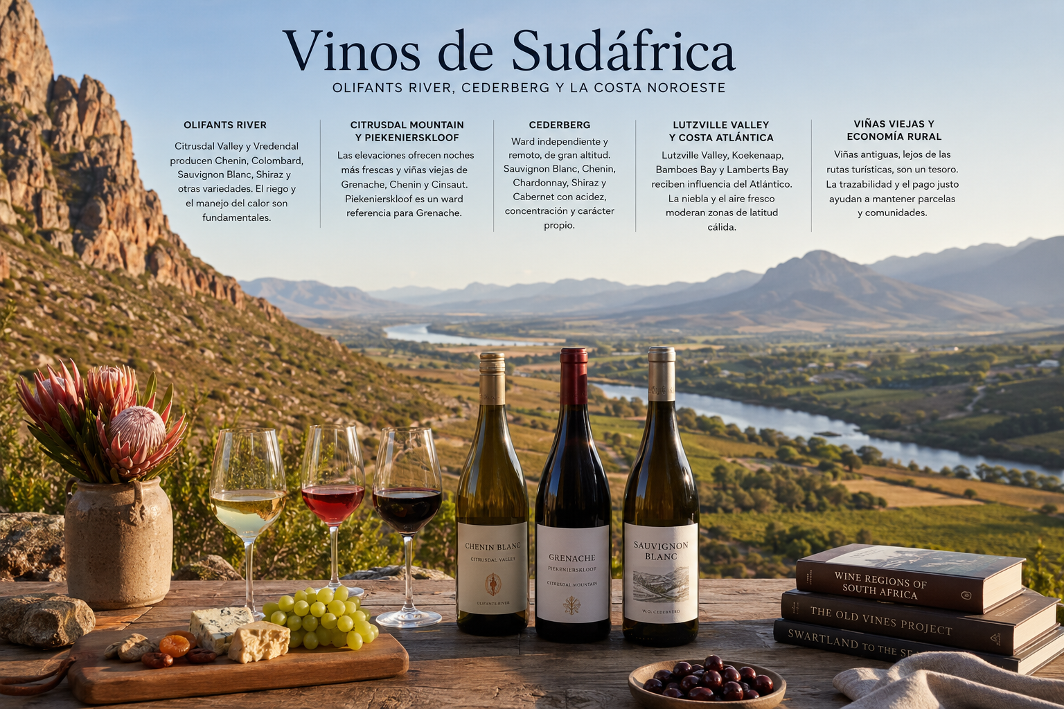 Mesa sudafricana con Chenin Blanc, Pinotage, carnes, pescado y especias
