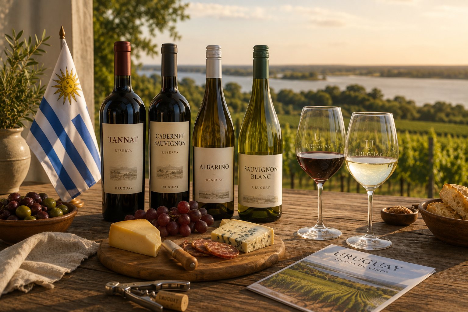 Mesa uruguaya con Tannat, vinos blancos, carne, quesos y productos locales