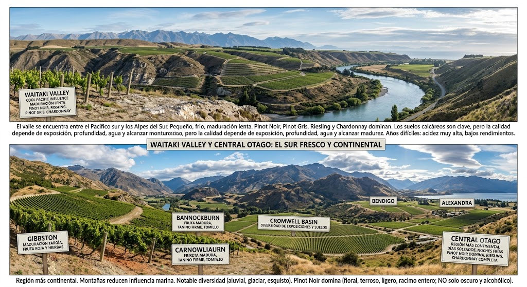 Viñedos de Waitaki Valley y Central Otago entre montañas y valles fríos