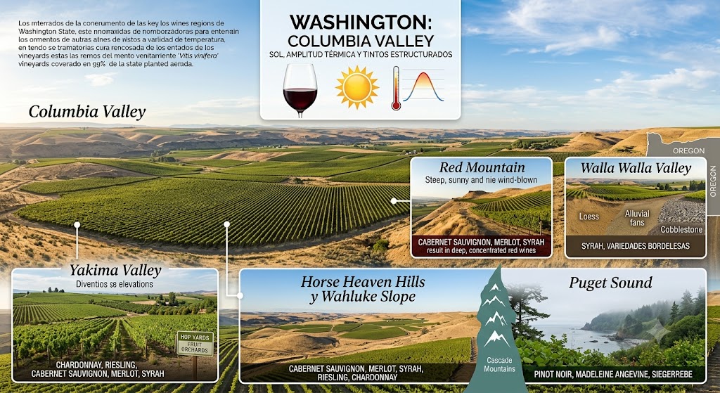 Viñedos secos de Columbia Valley en Washington con montañas y sistema de riego