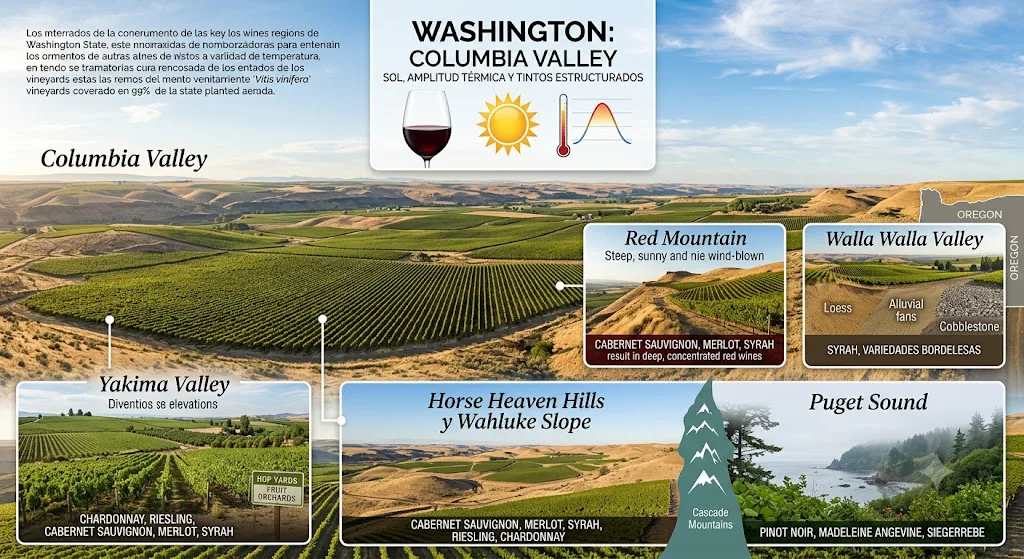 Viñedos secos de Columbia Valley en Washington con montañas y sistema de riego
