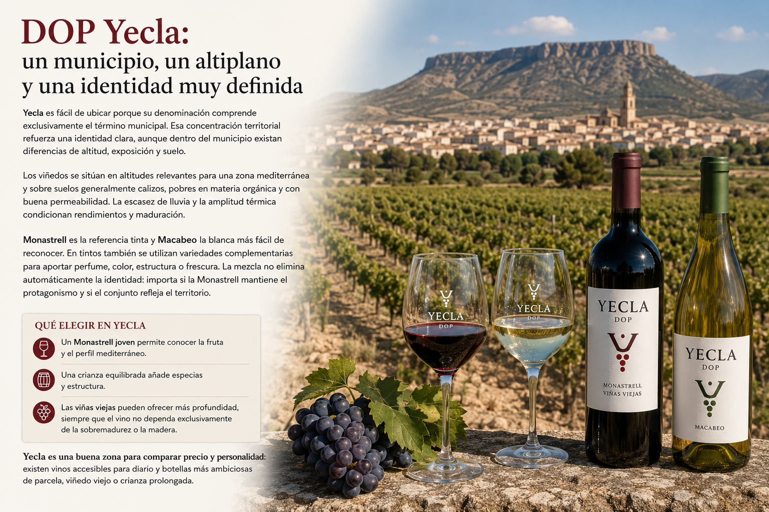Viñedos de Monastrell en el altiplano de Yecla con suelos calizos y montañas al fondo