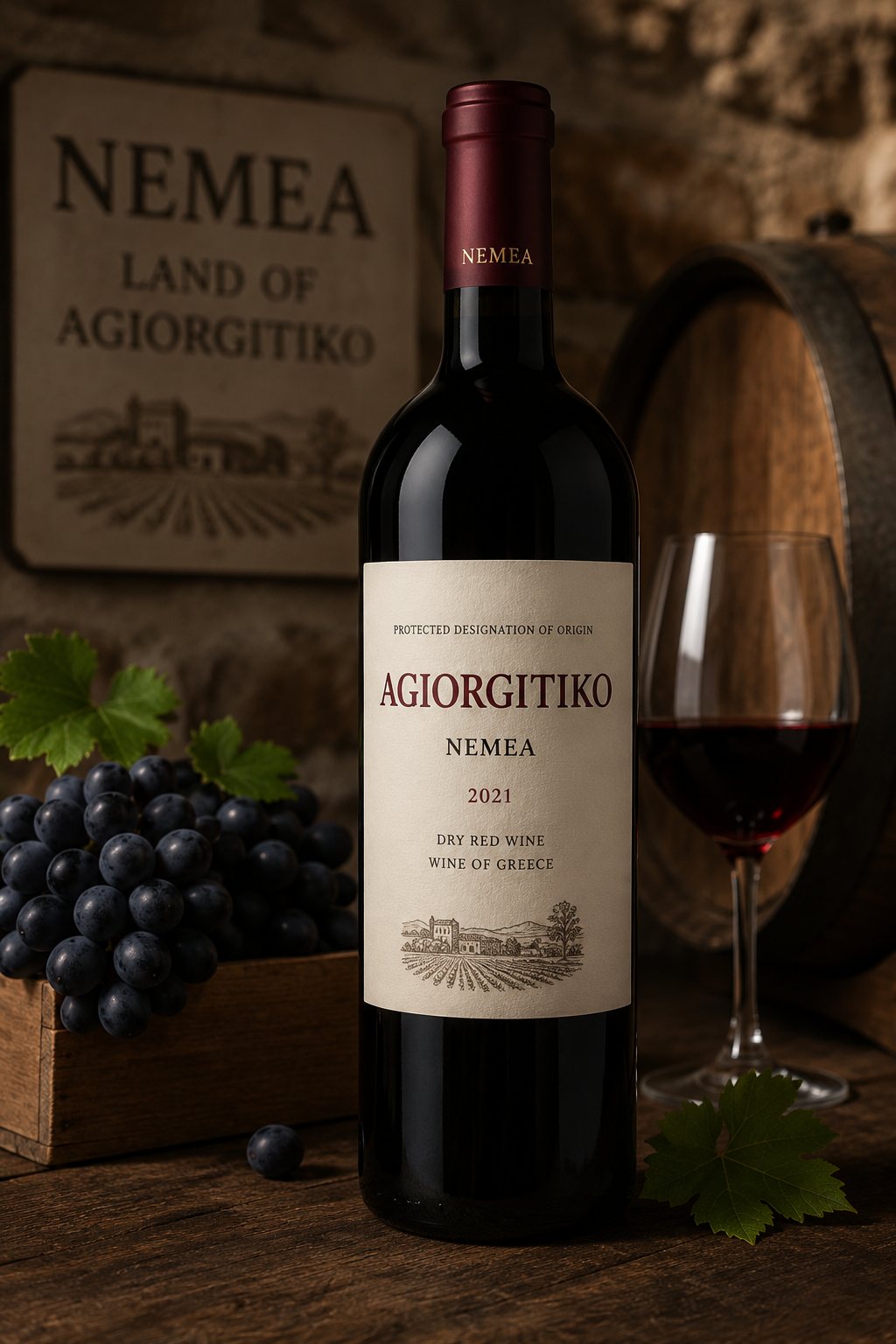Copa de vino tinto de Agiorgitiko con reflejos granates