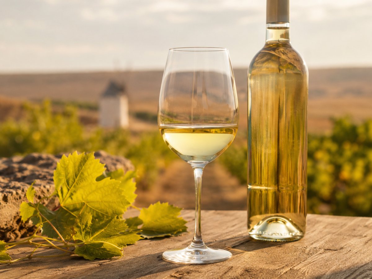 Copa de vino blanco Airén de color amarillo pálido