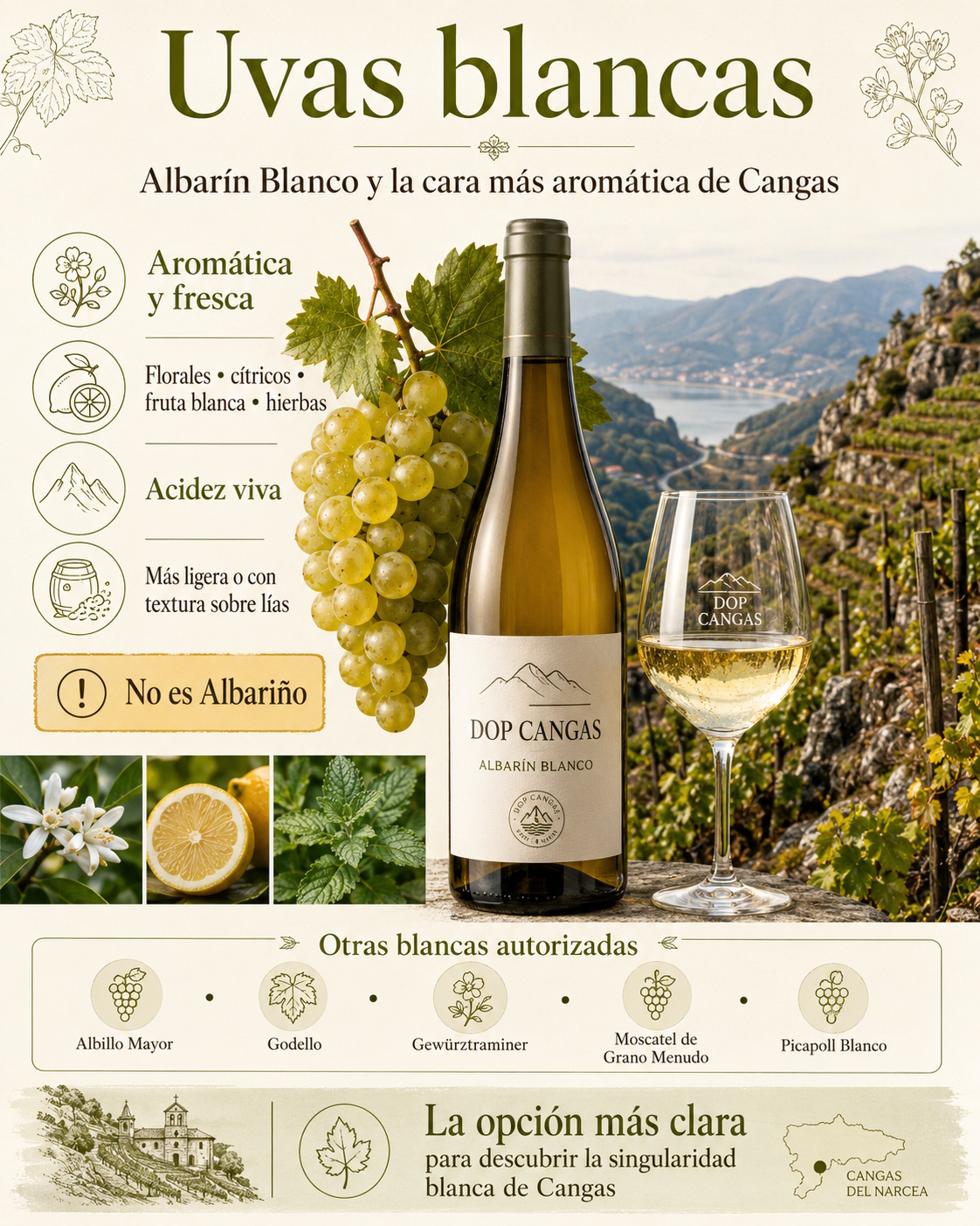 Vino blanco de Albarín servido en copa