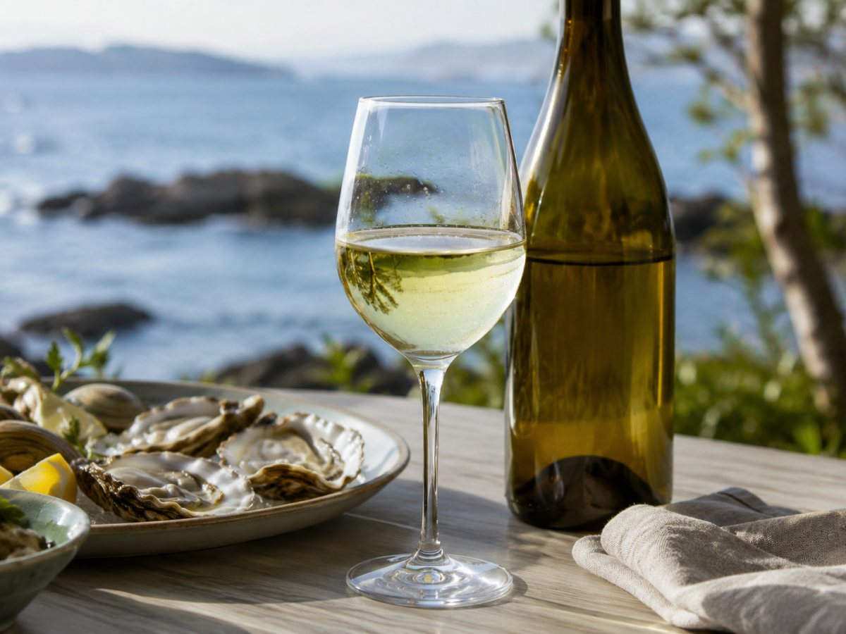 Copa de vino Albariño de color amarillo pálido con reflejos verdosos