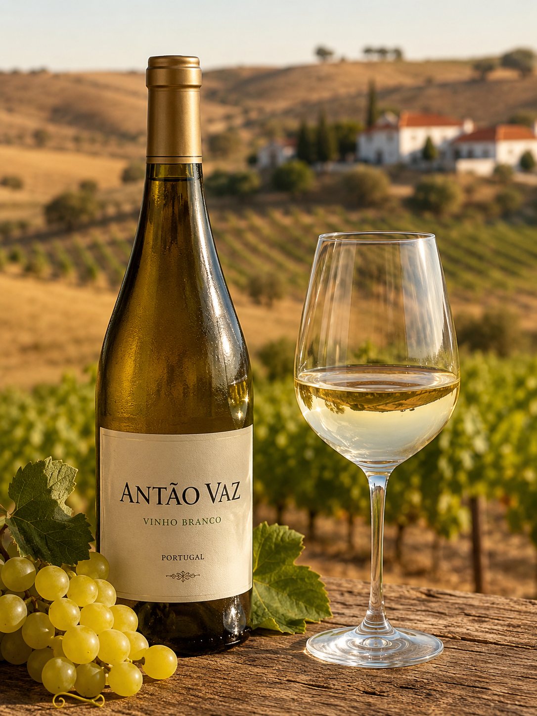 Copa de vino blanco Antão Vaz servida en un paisaje del Alentejo
