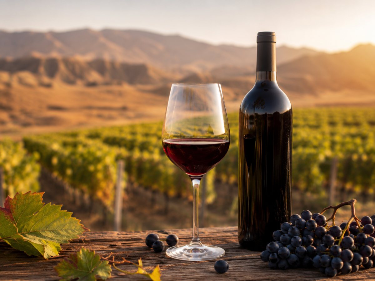 Copa de vino tinto Areni Noir en un paisaje de Vayots Dzor
