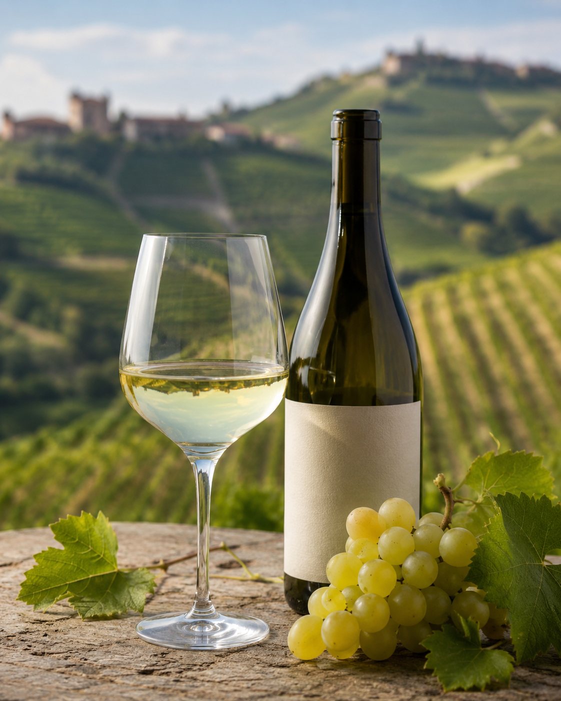 Copa de vino blanco Arneis con una botella y paisaje del Piamonte