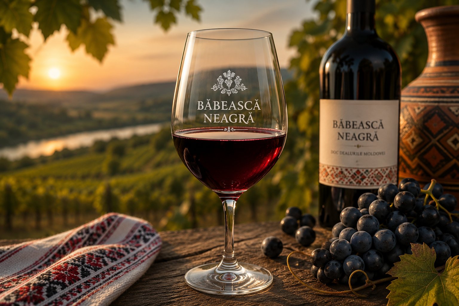 Copa de vino tinto Băbească Neagră junto a un paisaje de viñedo