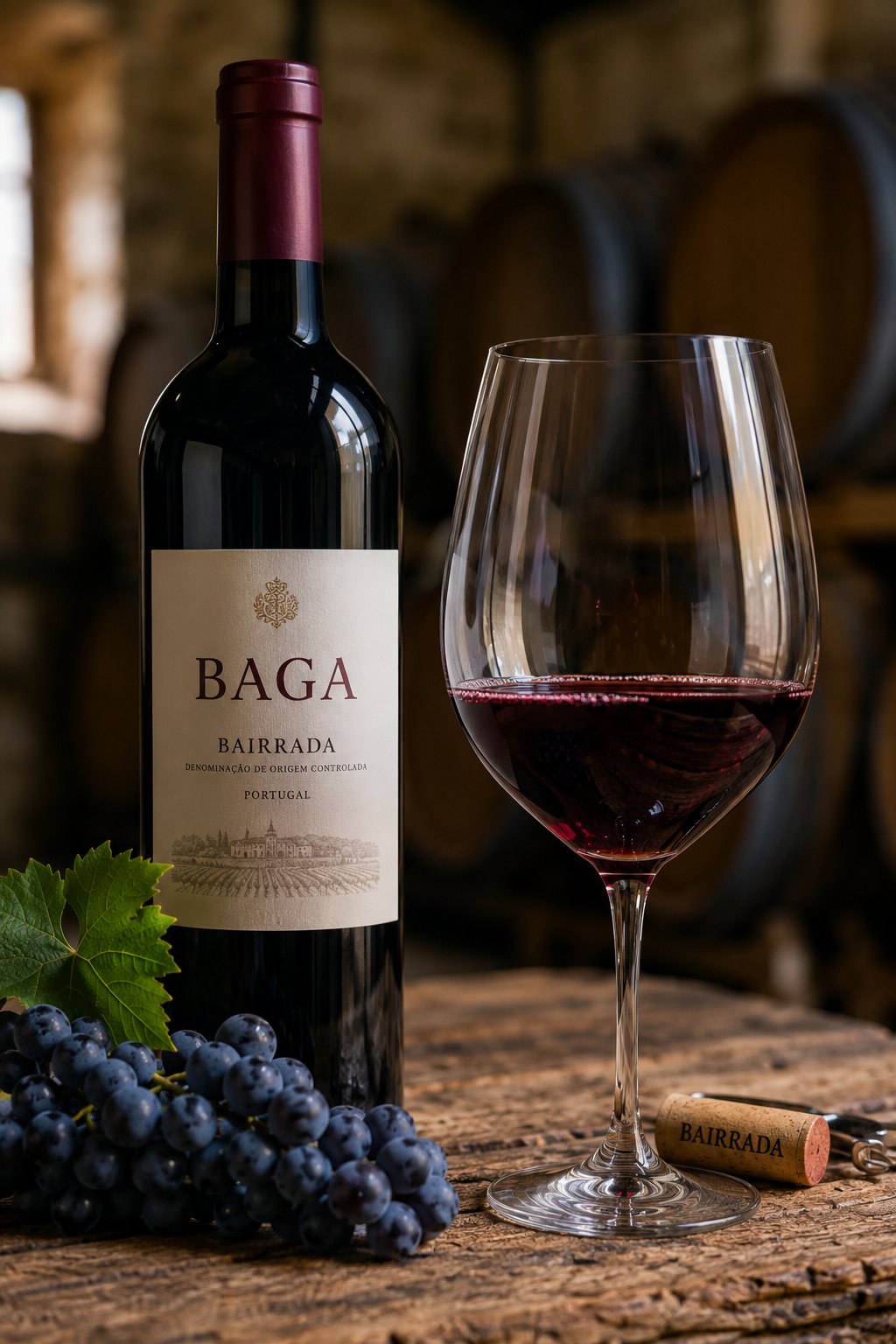 Copa de vino tinto Baga de color rubí y reflejos granates