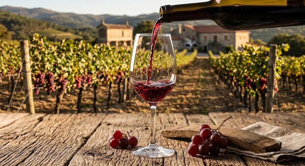 Vino tinto de Caíño Longo servido en copa