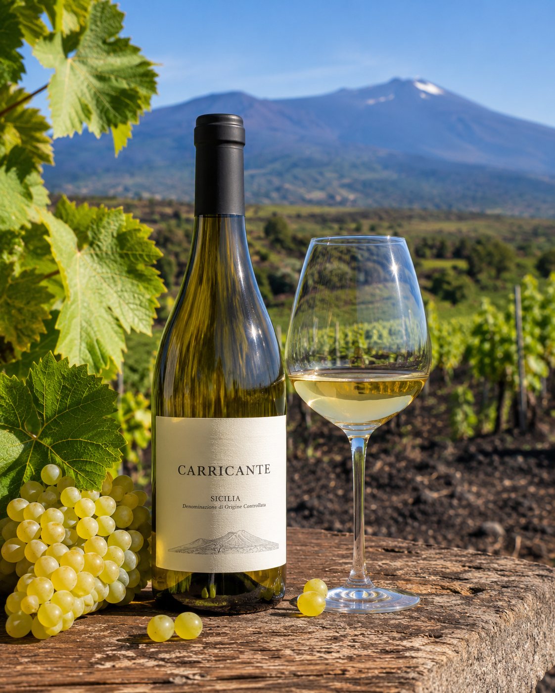 Copa de vino blanco Carricante con una botella y las laderas del Etna