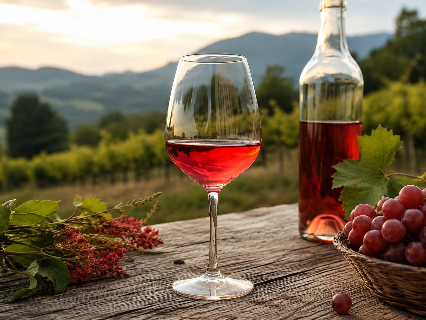 Copa de vino rosado Chkhaveri en un paisaje de Guria