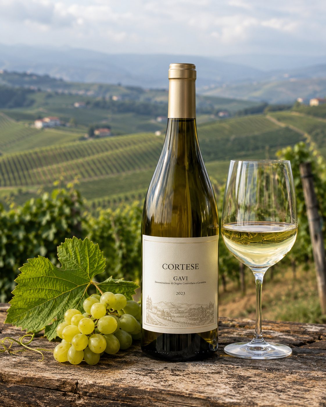 Copa de vino blanco Cortese junto a una botella y un viñedo piamontés
