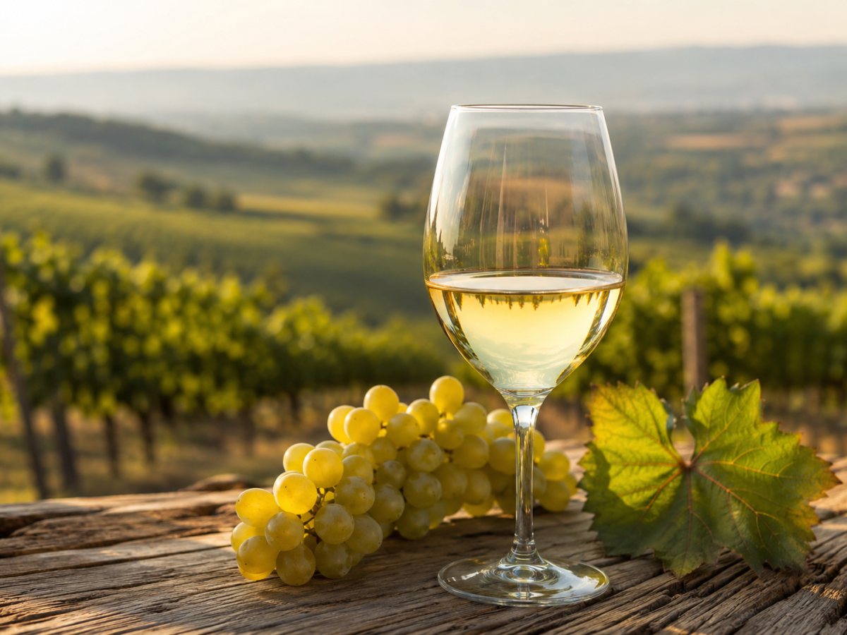 Copa de vino blanco Crâmpoșie en un paisaje de Drăgășani