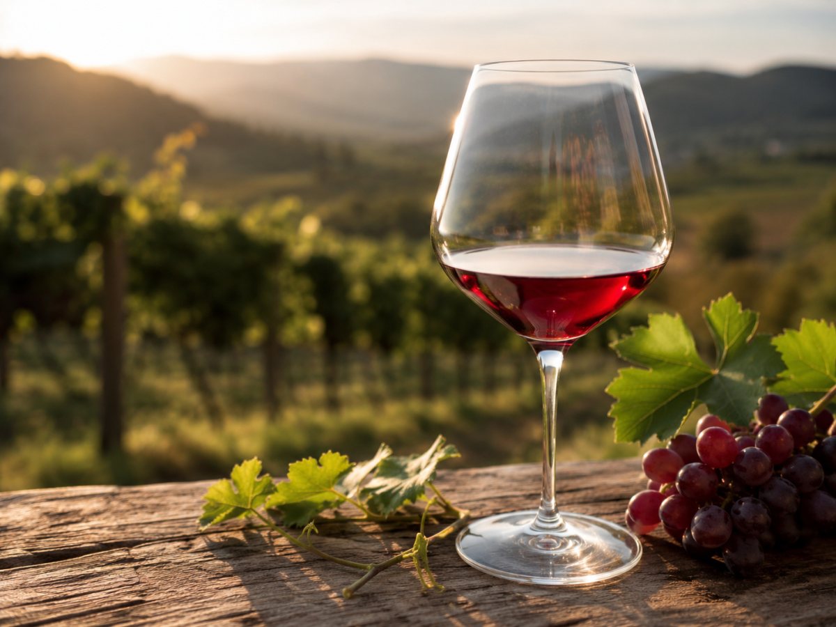 Copa de vino tinto ligero Dzelshavi en un paisaje del oeste de Georgia