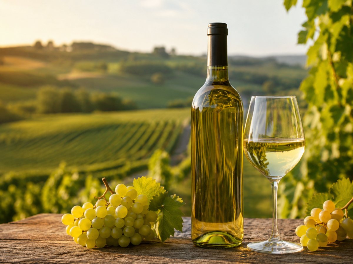 Copa de vino blanco Fetească Albă en un paisaje vitícola de Rumanía