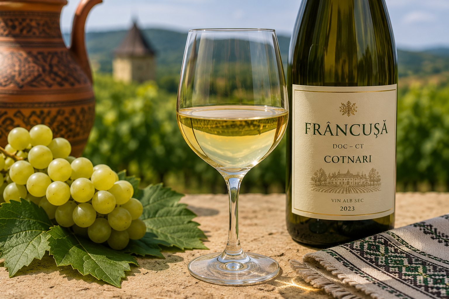 Copa de vino blanco Frâncușă en un paisaje vitícola de Cotnari
