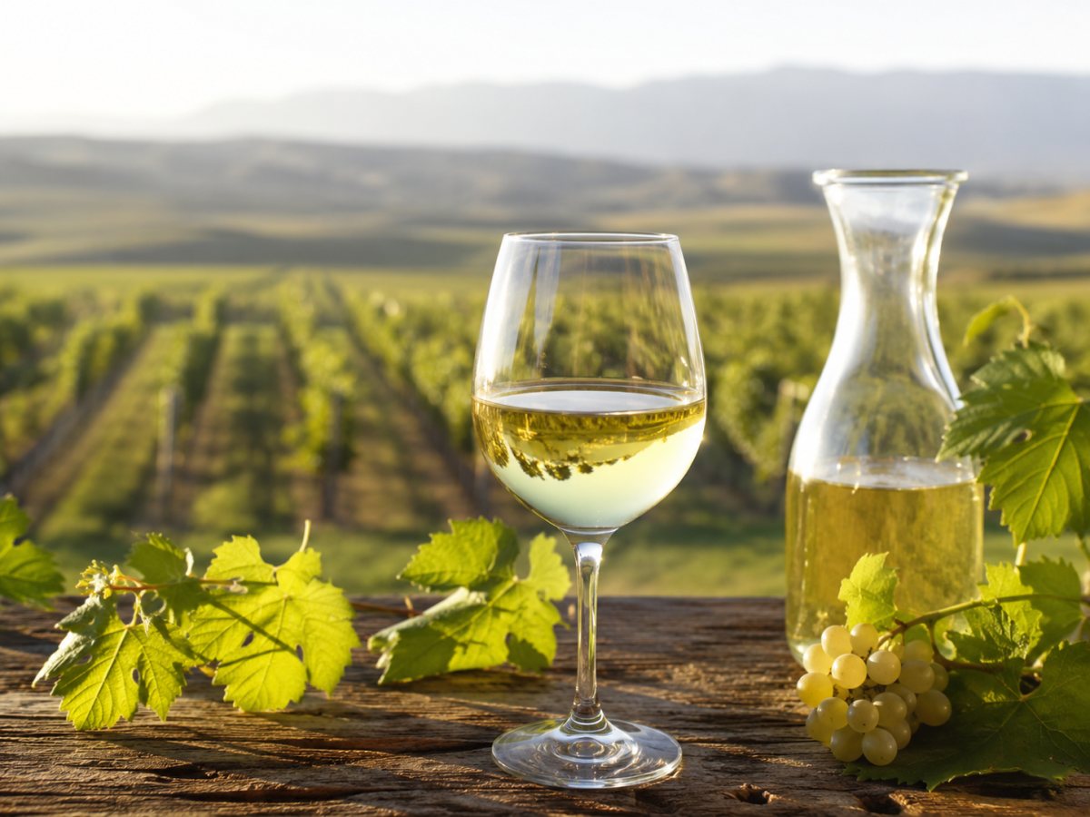 Copa de vino blanco Goruli Mtsvane en un paisaje de Kartli