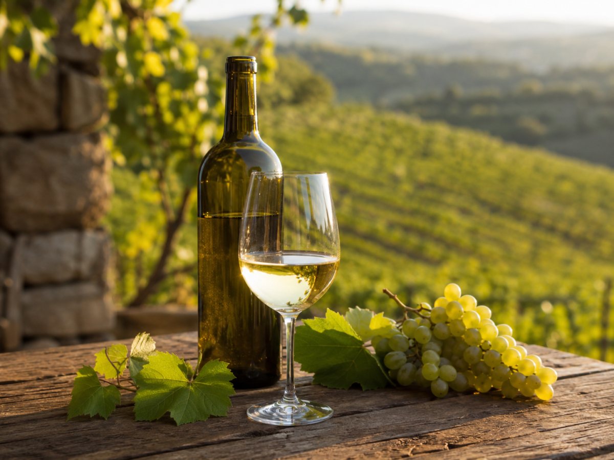 Copa de vino blanco Gouveio frente a un paisaje vitícola portugués