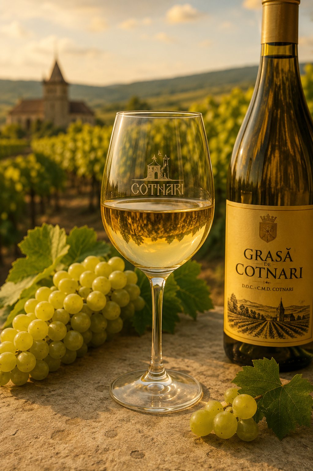 Copa de vino dulce Grasă de Cotnari con reflejos dorados