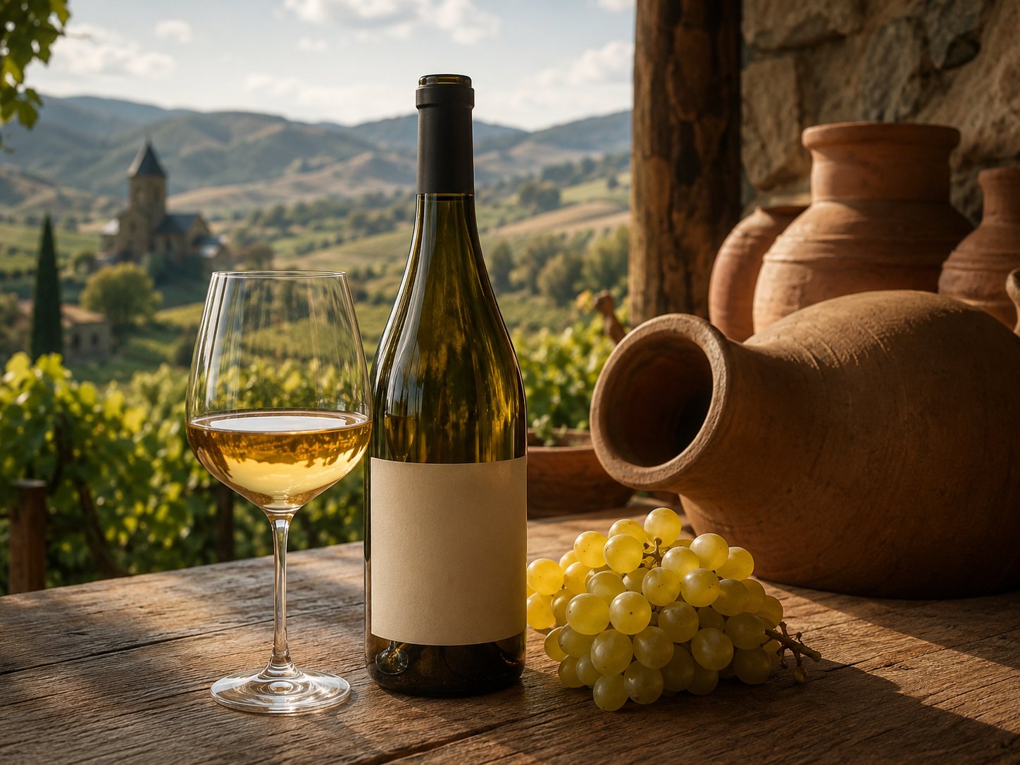 Botella y copa de vino Kakhuri Mtsvane junto a uvas y qvevri