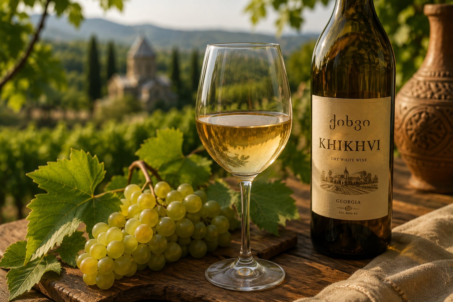 Botella y copa de vino Khikhvi junto a uvas y recipientes de barro georgianos