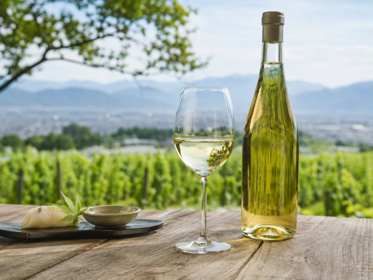 Copa de vino blanco Koshu en un paisaje vitícola de Yamanashi
