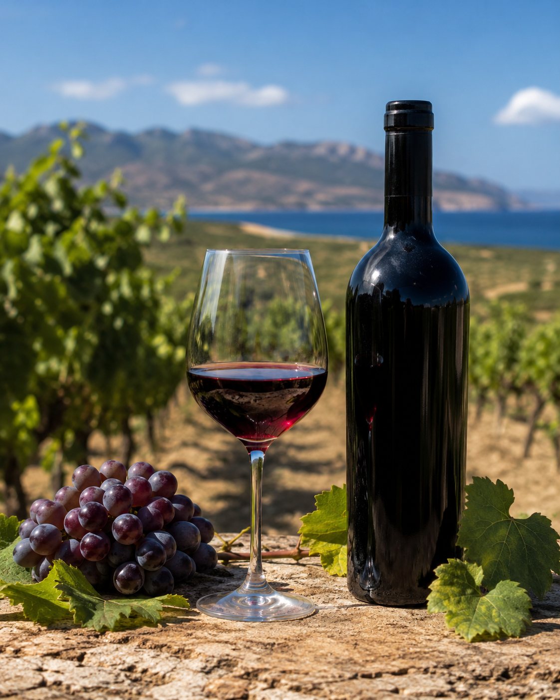 Copa de vino tinto elaborado con uva Kotsifali