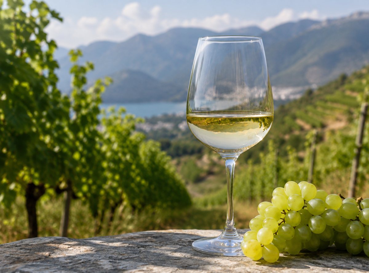 Copa de vino blanco fresco elaborado con Lagorthi