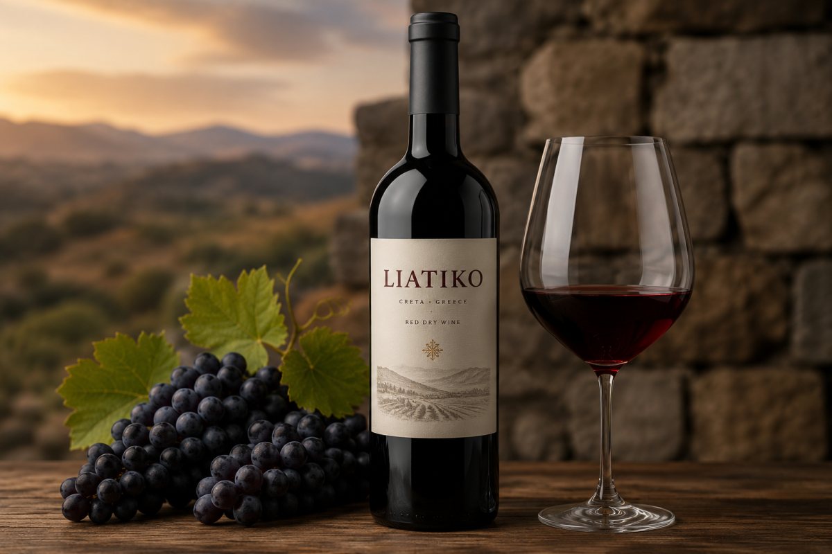 Copa de vino tinto Liatiko con tonos rubí y granate en un paisaje de Creta