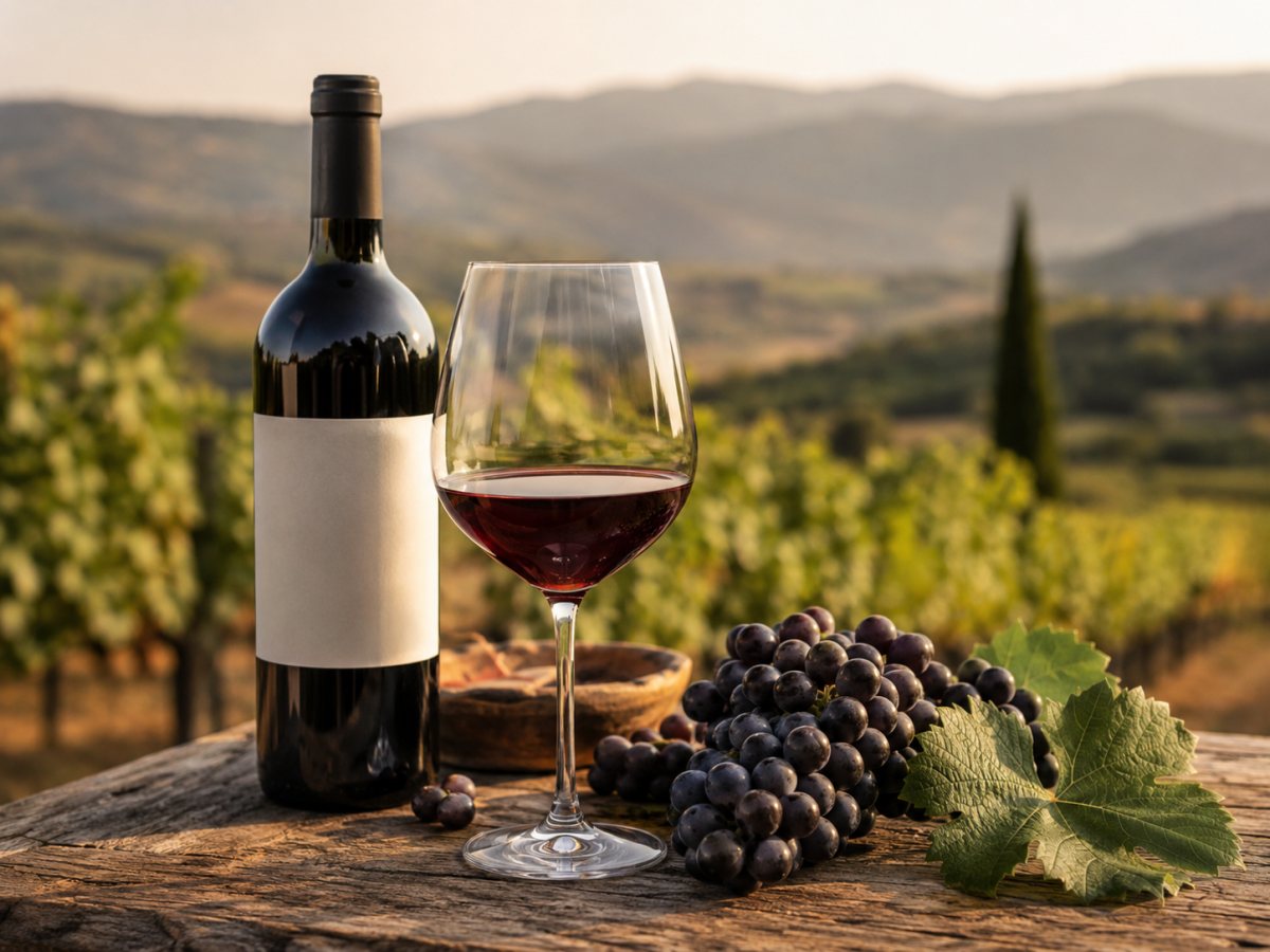 Botella y copa de vino tinto Limniona con paisaje de Tesalia